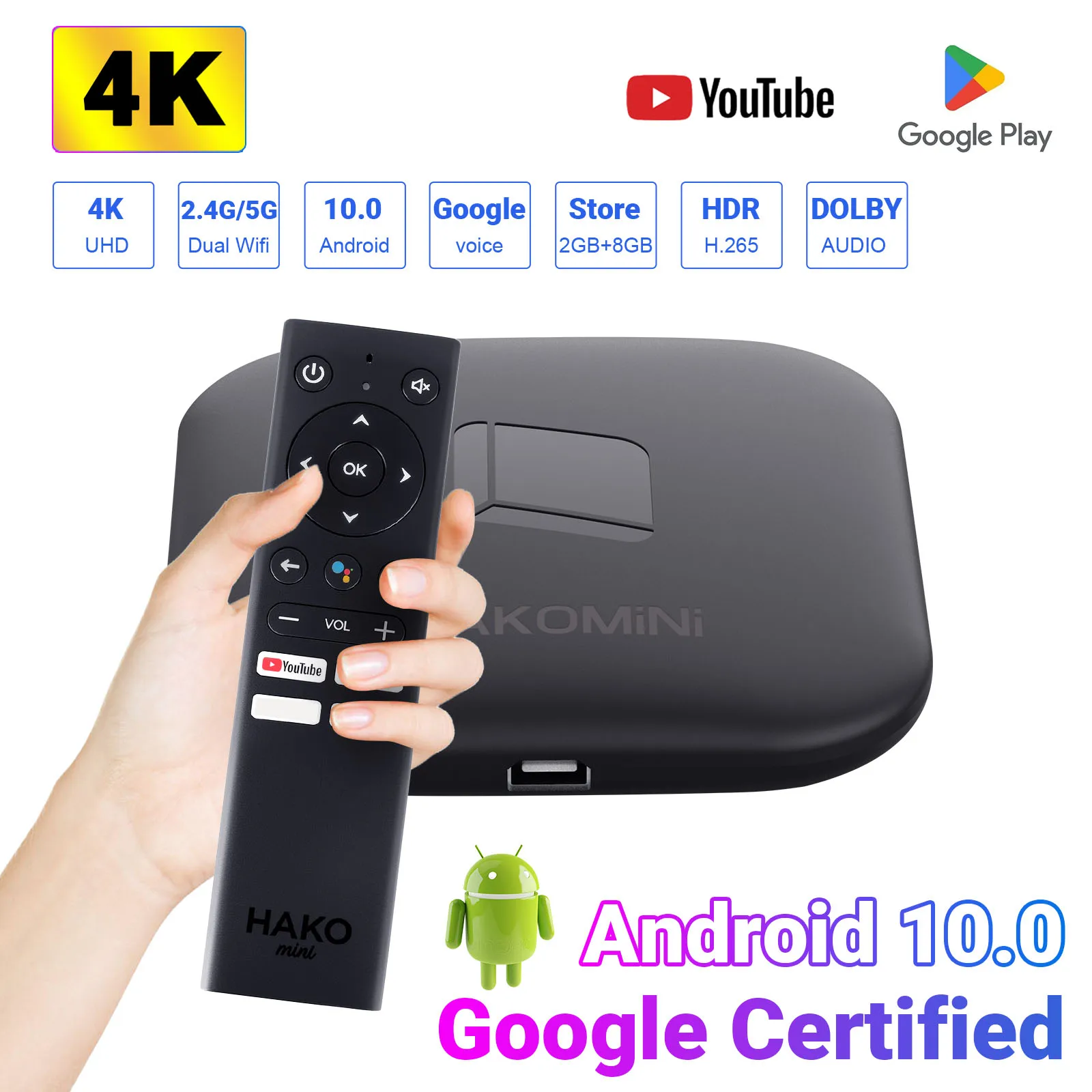 Android10.0 Google Certified Smart TV Box 4K  Dolby digital 2+8GB HD For Quad Core