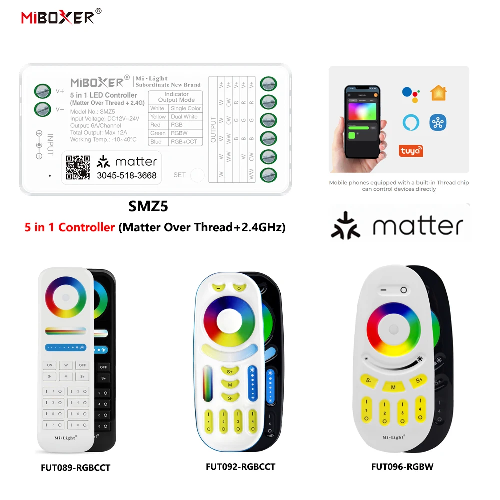 Miboxer SMZ5+FUT092 DC12-24V 5in1 Controller Matter Over Thread+2.4GHz Tuya APP WIFI Single/Double Color  RGBCCT LED Strip Light
