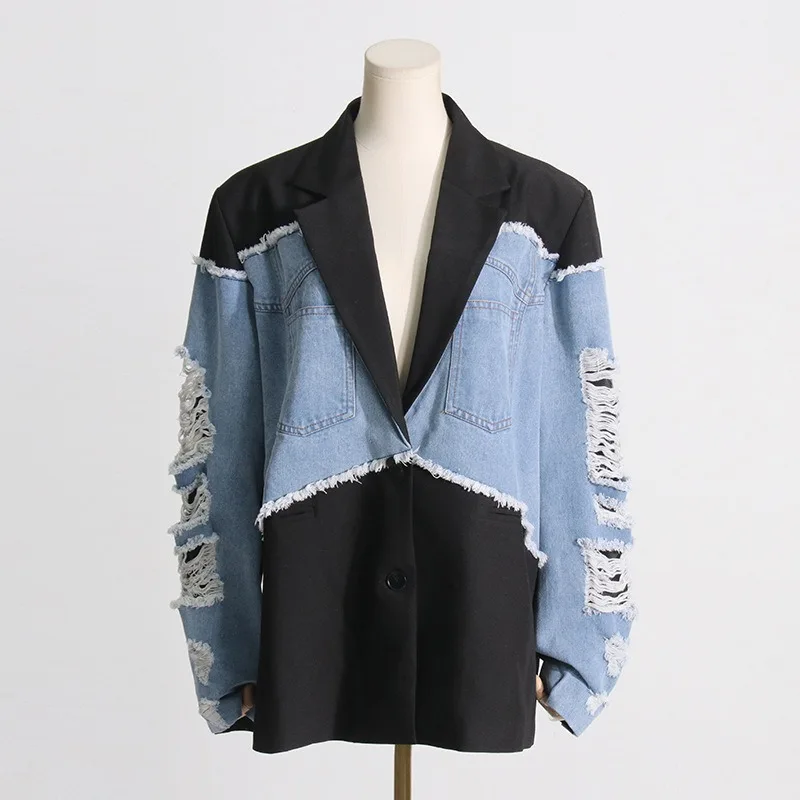 Women Loose Denim Jacket Summer New Fashion Color Splicing Premium Hole Suit Top Loose Comfortable Denim Jacket Women Jackets