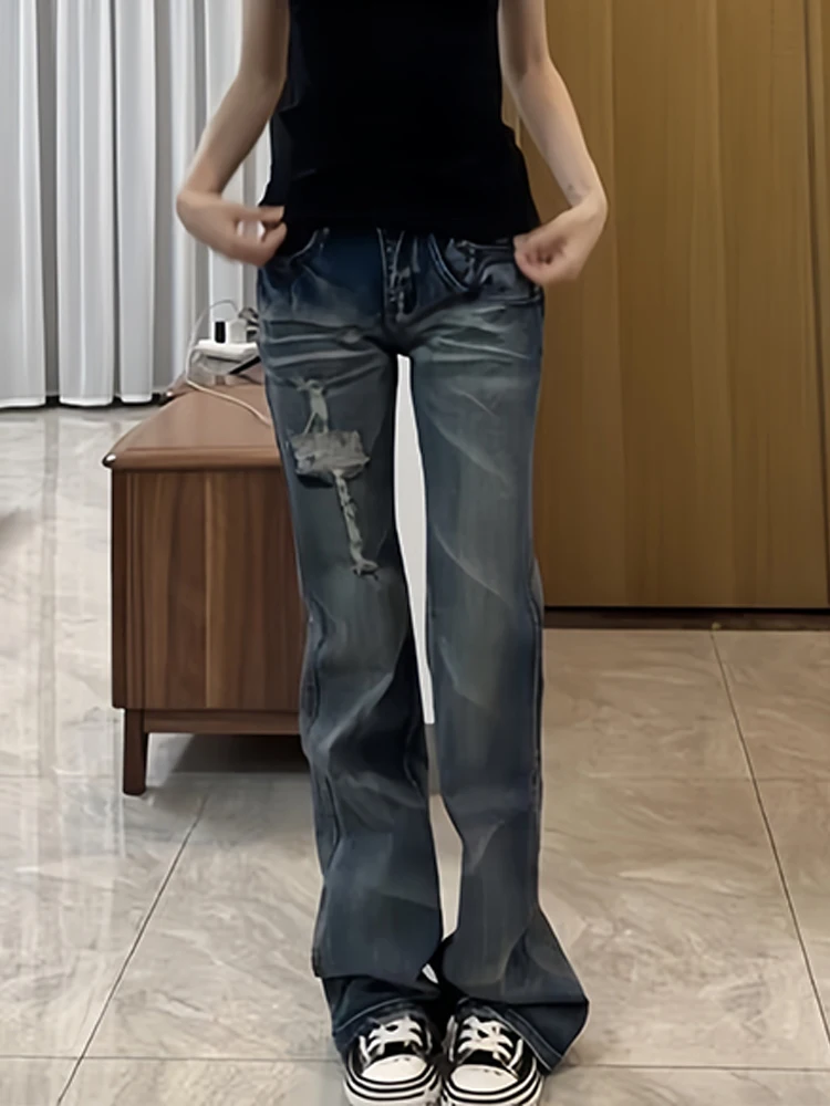 Retro American Design Double Layer Pocket Denim Jeans Women Summer Slimming Long Pants Low Waist Zipper Pure Color Standard Fit