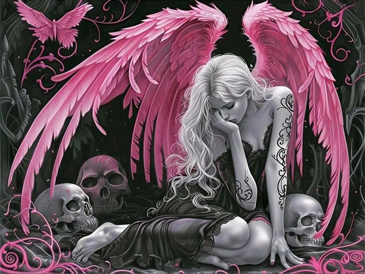 Diamond Painting Gothic Pink Winged Fallen Angel Skull Mosaic Handmade Artwork Round/Square Diamond Gift Home Decor