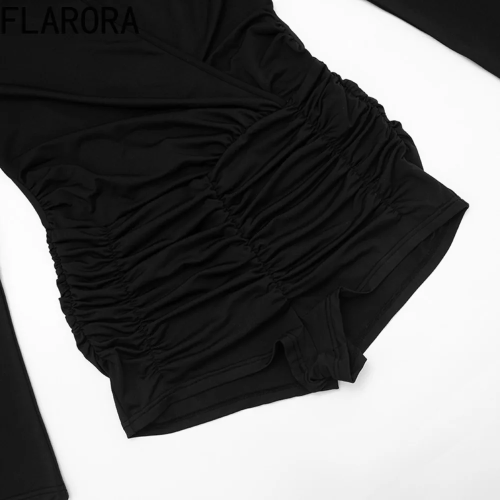 FLARORA 우아한 홀터 백리스 롬퍼 여성 단색 딥 V넥 레이스업 풀 슬리브 플레이수트 패션 스트리트웨어 오버올