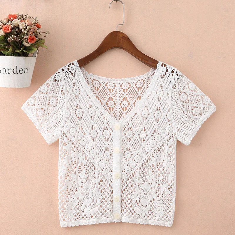 French Chic Crochet Knit Top Summer Cover Up Openwork Short Sleeve Button Front Cardigan Tops Women Vacation Outfit