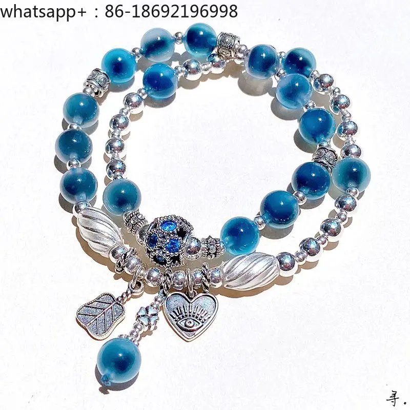 Transfer Bead Natural Blue Sugar Heart Agate 925 Sterling Silver Original Retro Multi-circle Bracelet