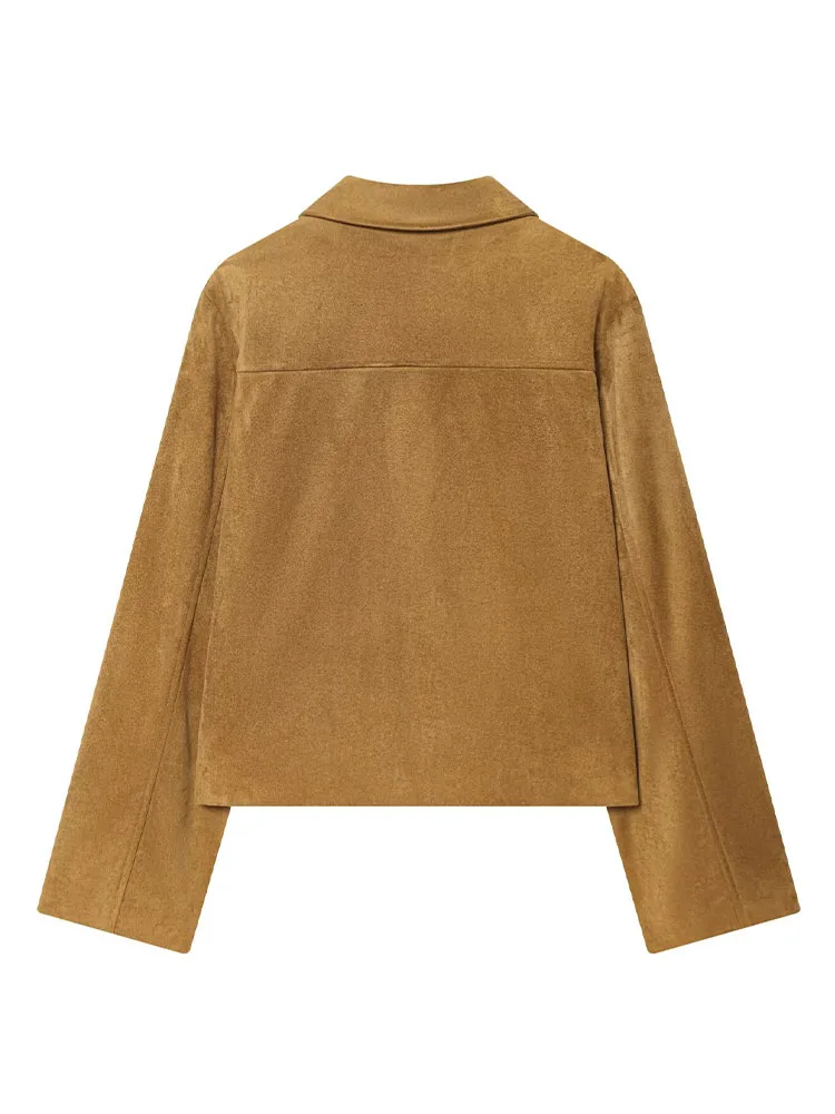 HH 新しい女性向け冬ファッション 長袖 シングルブレスト スエード ポケット装飾 ショートコート 女性用 ストリートスタイル カジュアルジャケット