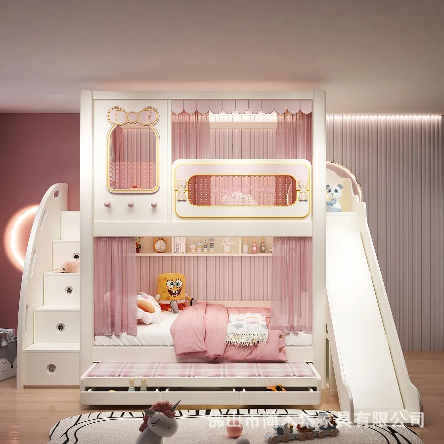 Kids Castle Bunk Bed with Slide Multifunctional Pink Guardrail Double Decker Bed Same Width Up and Down