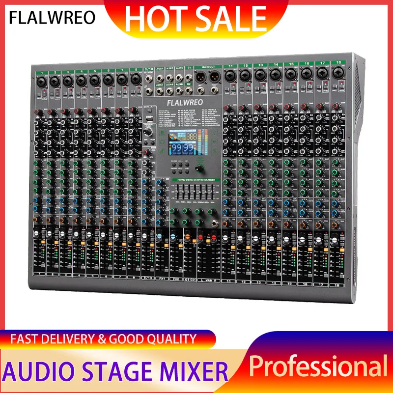 

FLALWREO Digital Mixer Professional Audio Mixer 18channels with 99bit dps reverb chip Bluetooth USB MP3 for stage bar studio DJ