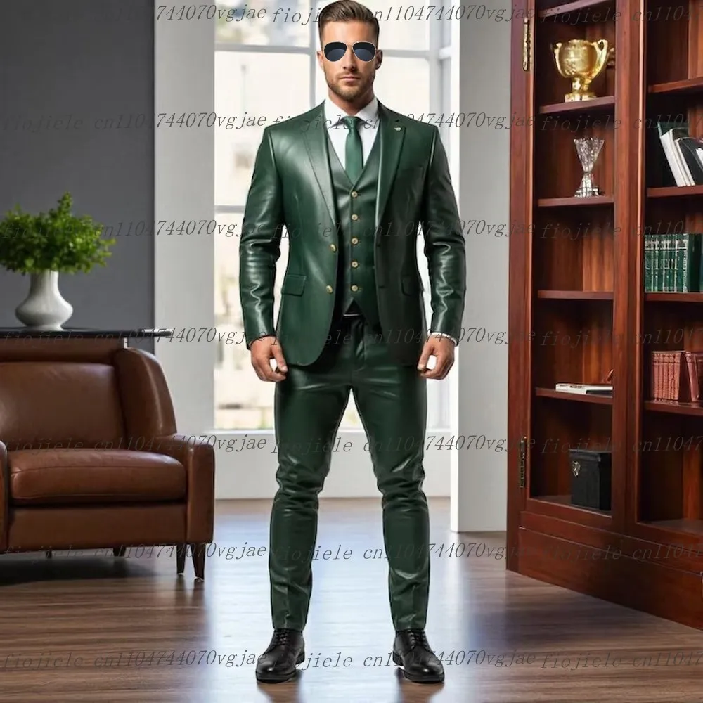 

Dark Green Leather Men Suit Formal Wedding Party Groom Groomsman Prom Male Tuxedos Customize 3 Piece Set Jacket Vest Pants