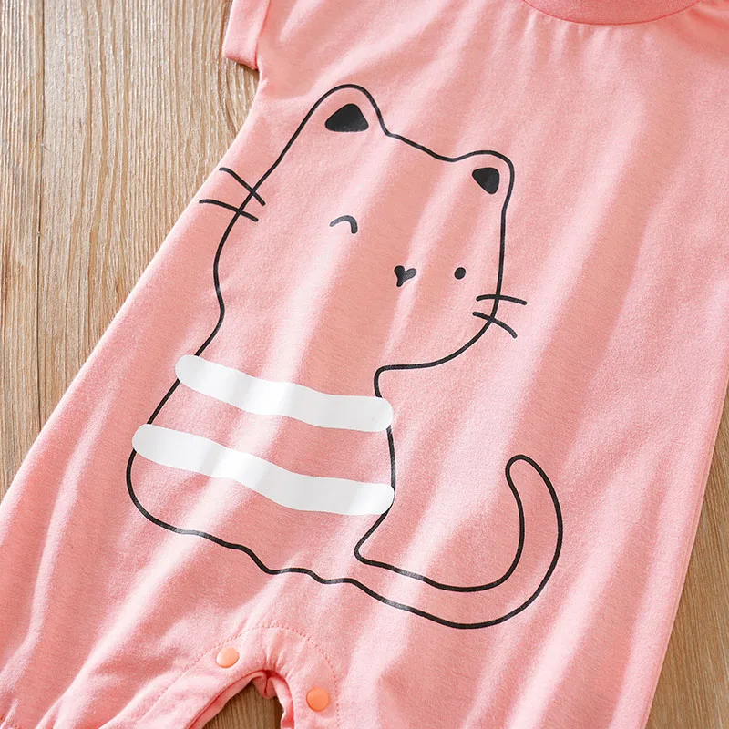 Baby Boys Girls Unisex Newborn Romper ，0-18 Months Toddler Clothing，Infant summer Short sleeve Cute pink kitten print Jumpsuit