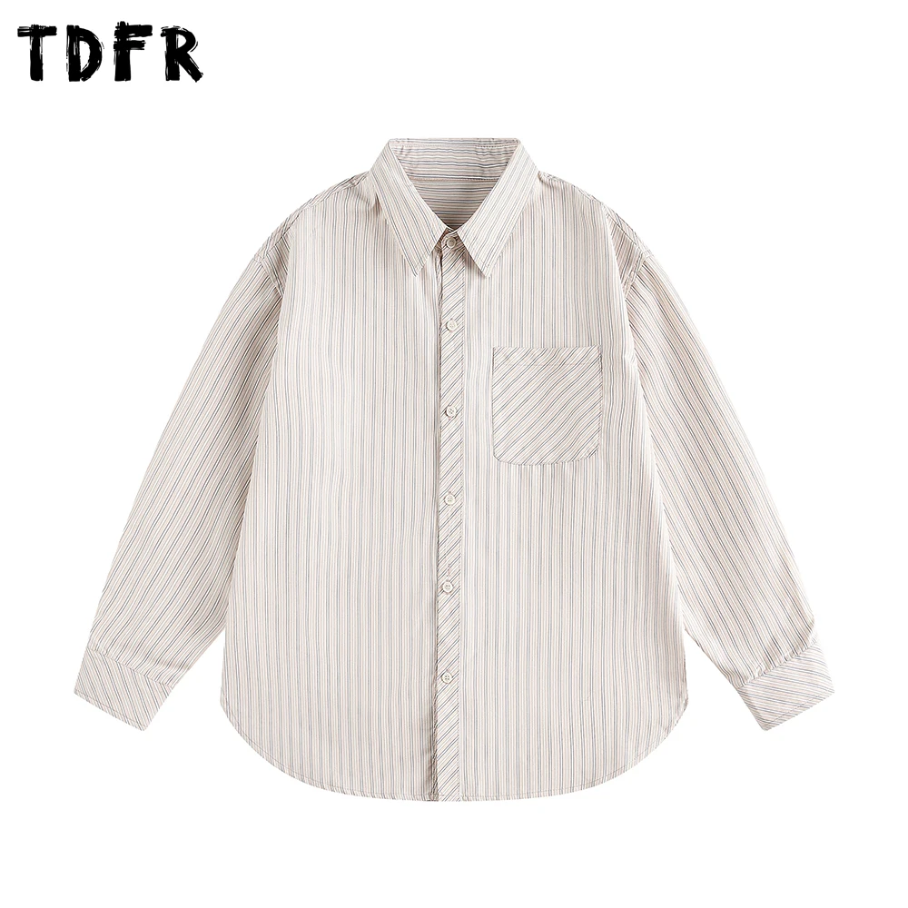 

Pocket Striped Long Sleeve Shirts Mens Button Decoration Retro Casual Autumn Loose Single Breasted Shirts Man