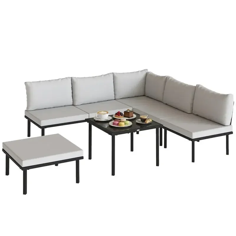 Salon de jardin extérieur d'angle modulable 6 personnes, table basse avec plateau en verre trempé, gris clair