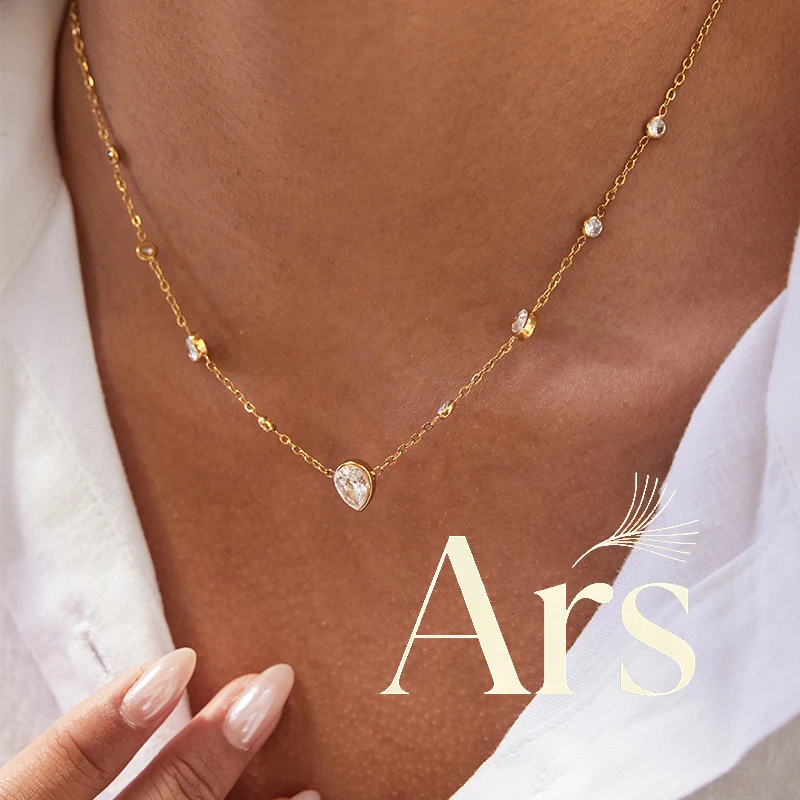 Ars Stainless Steel Thin Chain Necklace 18k Gold Plated Water Drop Charm Necklaces Women's Zircon Necklace Stacking Necklaces