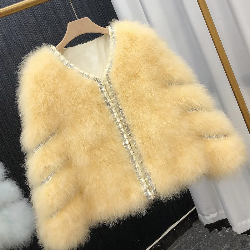 Autumn Winter New Fur Coats for Women Ostrich Feathers Turkey Feathers Full Sleeves V Neck Thickened Coat Female Outwear Y4588