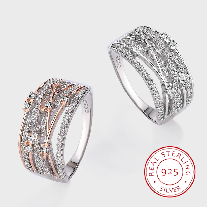 

Classic Fashion Genuine S925 Silver Hollow Lines Irregular Color Separation Women's Zircon Ring Temperament Versatile