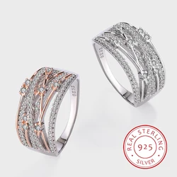 Classic Fashion Genuine S925 Silver Hollow Lines Irregular Color Separation Women's Zircon Ring Temperament Versatile