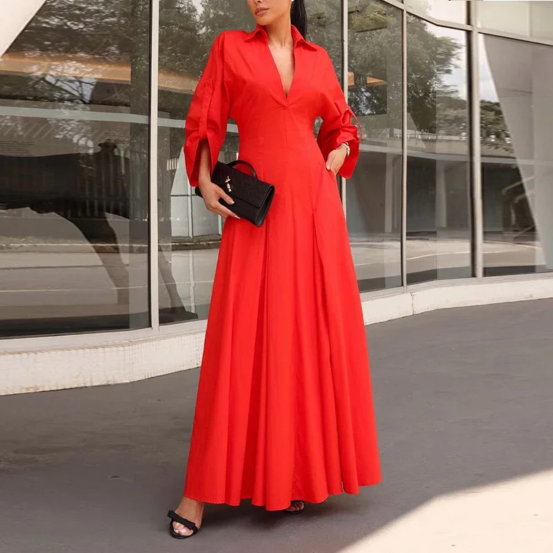 Women's Spring Autumn V-neck Maxi Dresses 2025 New Vocation Evening Birthday Wedding A-Line Shirts Long Dress for Office Ladies