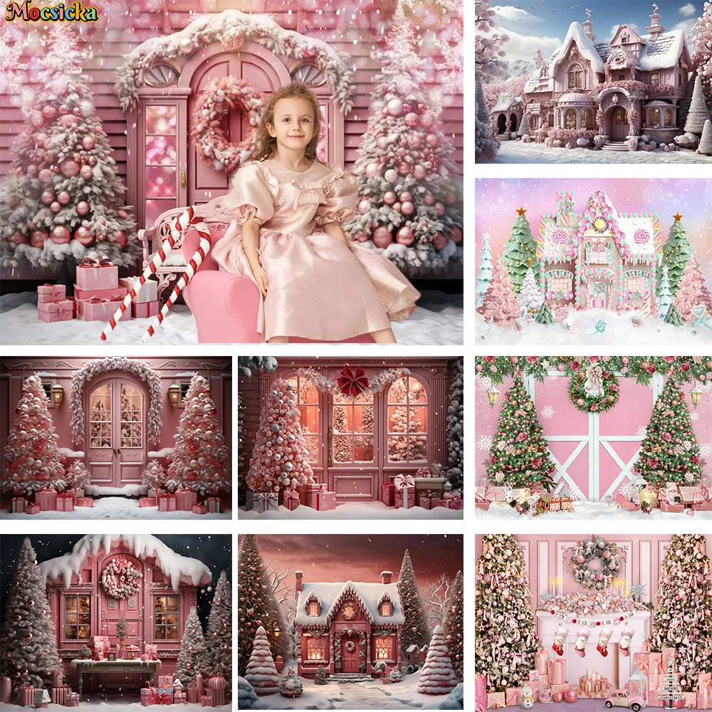 

Dream Princess Pink Girl Kid Christmas Birthday Studio Photography Background Xmas Tree Door Fireplace House Backdrop Gift Booth