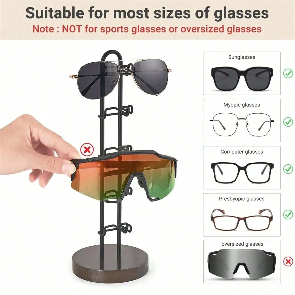1pc Sunglasses Organizer Glasses Holder Stand Sunglass Storage Eyeglasses Rack Metal Frame with Wood Base for Eyewear Display