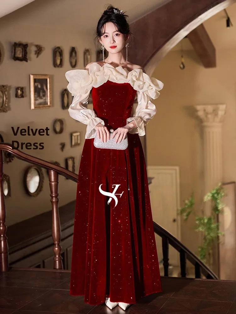 

Red Velvet One-oulder Long Sve Wedding Dr Spring Summer New Sle Korean Version Embroidered Mid-Waist Floor-Length