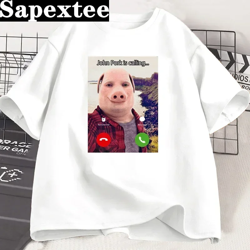 John Pork Is Calling Herren-T-Shirts, lustiges Grafik-T-Shirt, übergroße Baumwolle, Humor, Schwein-Design, Damen-Kleidung, übergroße Streetwear