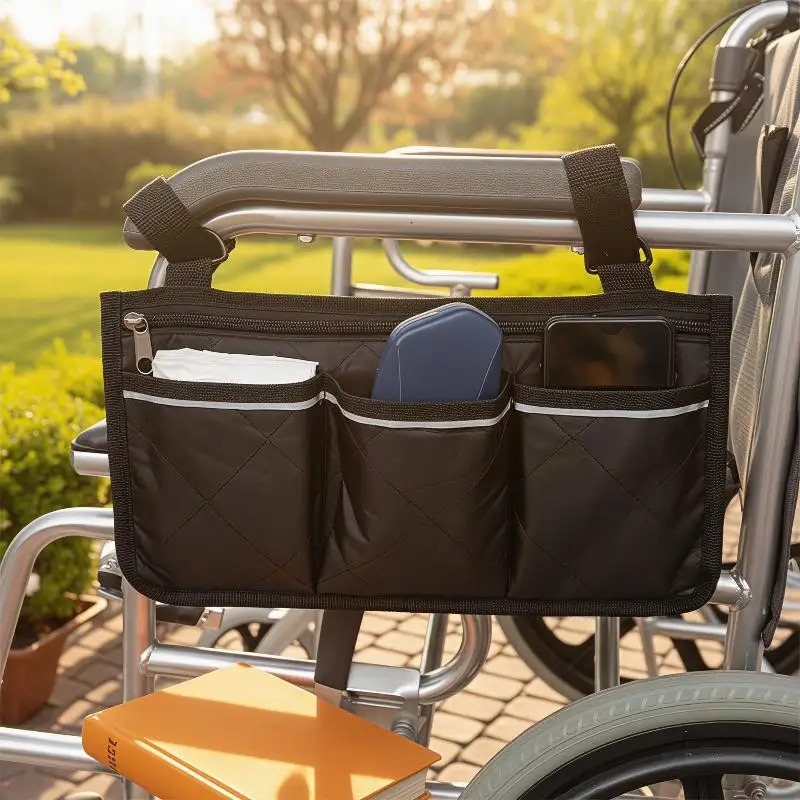 Waterproof Wheelchair Side Organizer Bag Multi Pockets Zippered Armrest Storage 5 Colors for All Weather Use