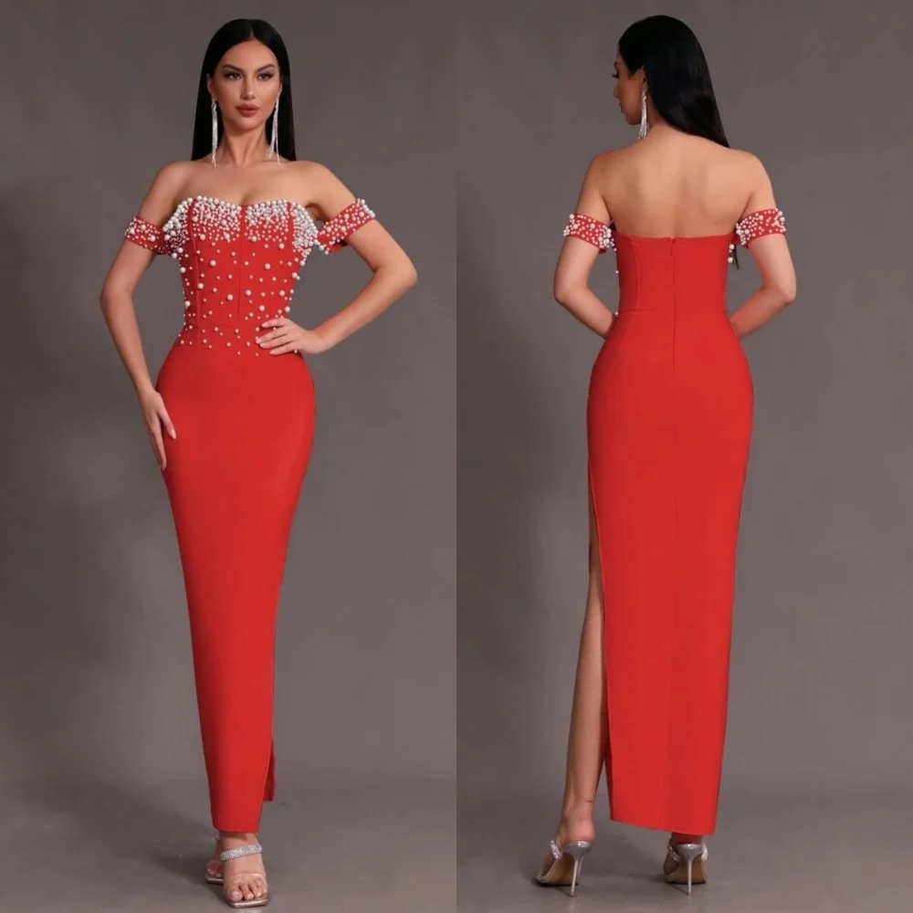 

Customized Jersey Beading Formal Luxury Evening Off-the-shoulder Straight Midi Dresses Bespoke Occasion Party Elegant Glitter