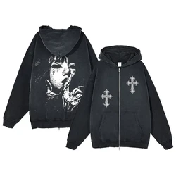 Y2K Zip Up Hoodie for Men Cross Print Loose Long Sleeve Pullover Women Retro Harajuku Sweatshirts Oversized Goth Hip Hop Jacket