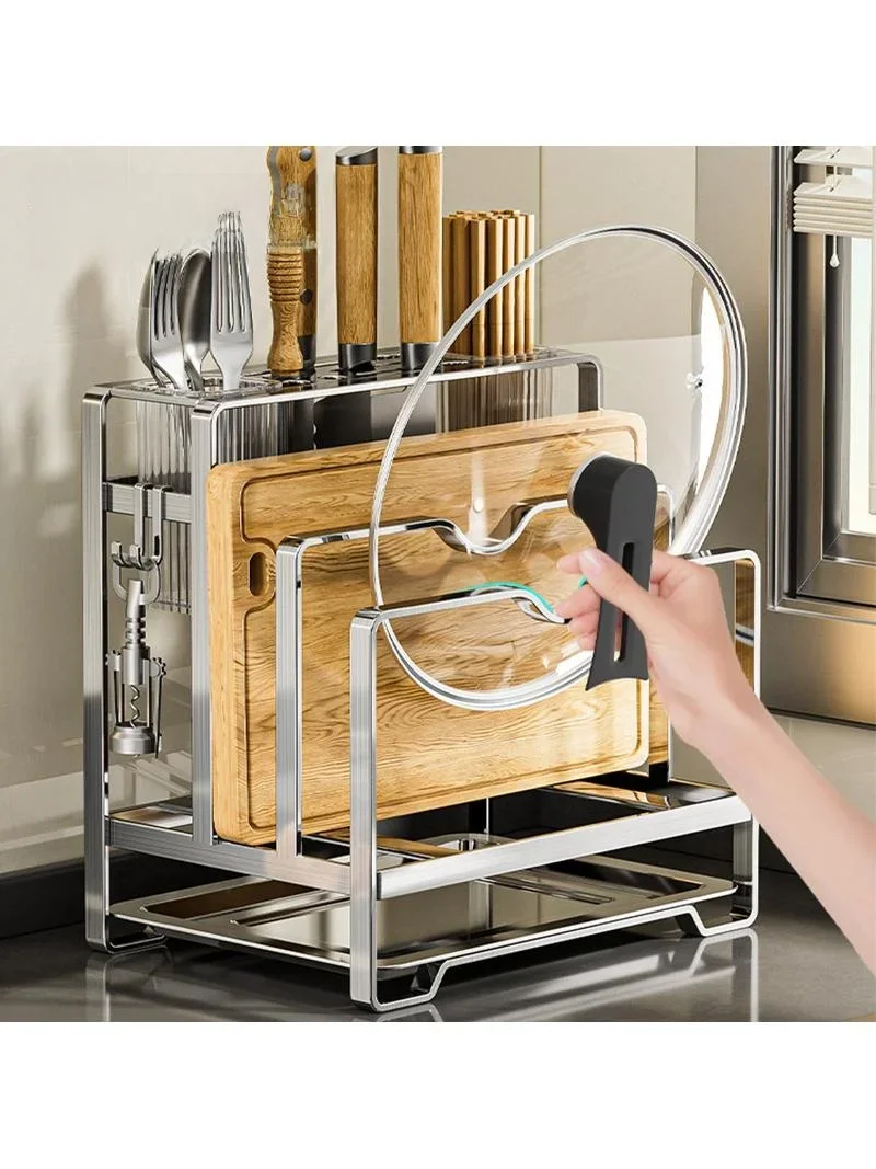 

Stainless Steel Knife Holder with Cutting Board Cover Storage, Wall Mounted Kitchen Utensil Rack for Knives Chopsticks