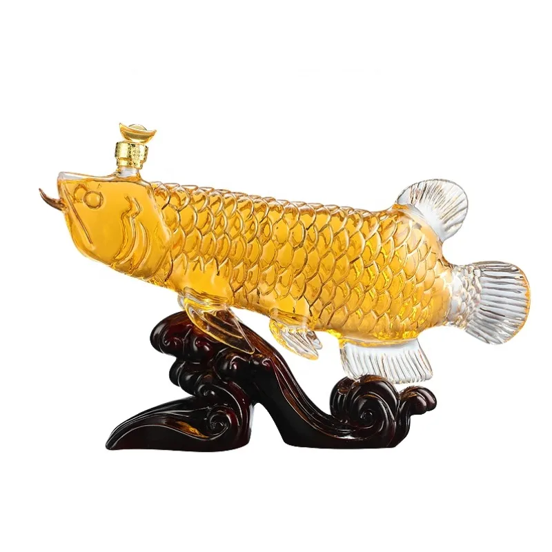 1300ml New Design Fish Shape Glass Wine Bottle Decanter with Wooden Base