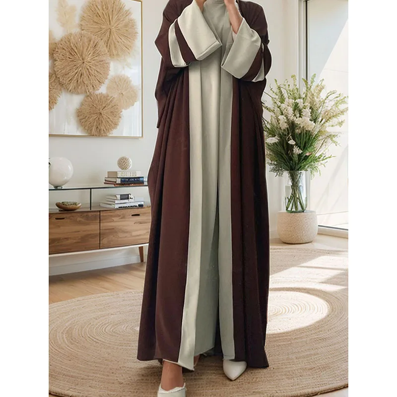

Women Islam Musulman Morocco Ramadan Caftan Abayas Kaftan Dubai Arab Contrast Long Robe Sets Eid Muslim Dress Two-Piece Suit