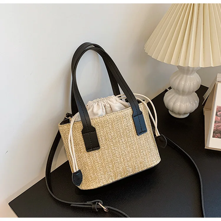 Fashion Natural Straw Woven Tote Bag with Drawstring Detachable Strap, Beige Crossbody Bag Purse for Casual Summer Use Handbag - view 6