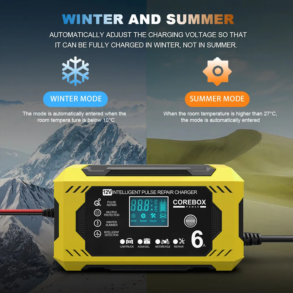 High Power Multifunctional Pulse Repair Battery Charging For Motorcycle SUV Truck Smart Car Battery Charger 12V/6A Intelligent