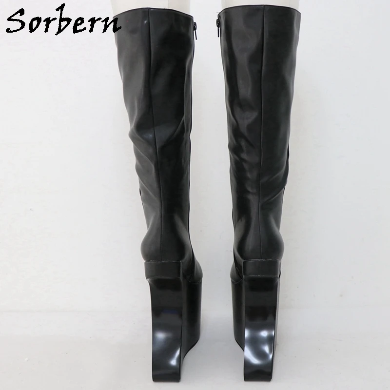 Sorbern รองเท้าบูทยาวถึงเข่าสีดำด้านสำหรับแดร็กควีนส์แพลตฟอร์มที่ไร้ส้นวงกลมขนาดใหญ่สี Eu33-48กำหนดเอง