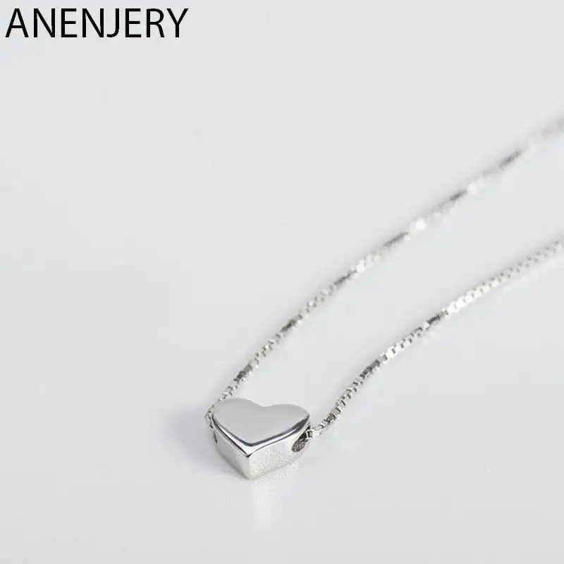 ANENJERY Silver Color Smooth Heart Shaped Pendant Necklace Minimalist Charm Clavicle Chain Necklace For Women