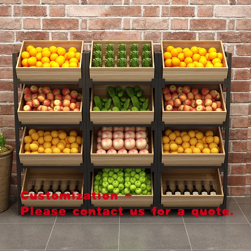 custom.Custom Durable Metallic & Wood Supermarket Fruit & Vegetable Display Stand-Multi-Layer Commercial Shelf Rack