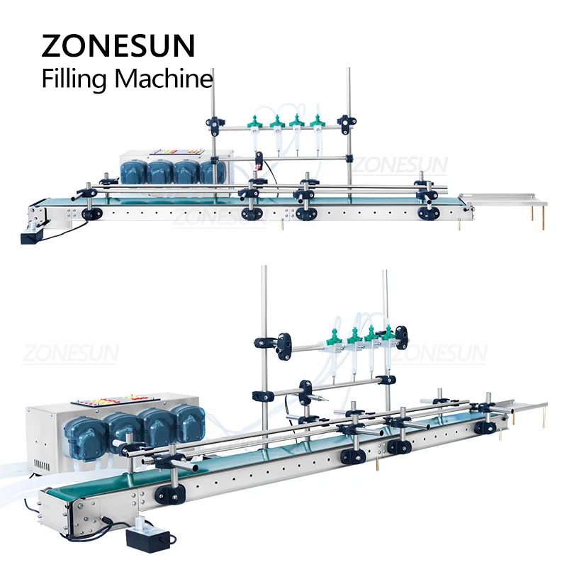 ZONESUN Small Production Line Liquid Filling Machine Peristaltic Pump Conveyor Bottle Jar Drinks Water Juice ZS-DTPP100C4