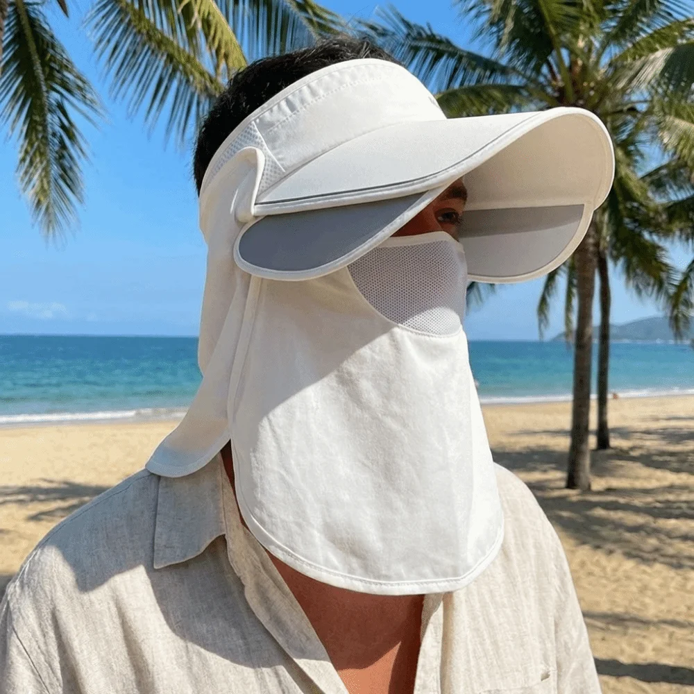 Detachable Shawl Wide Brimmed Sunshade Cap Breathable Stretchable Brim UV Resistant Hat Adjustable Solid Color Beach Empty Top