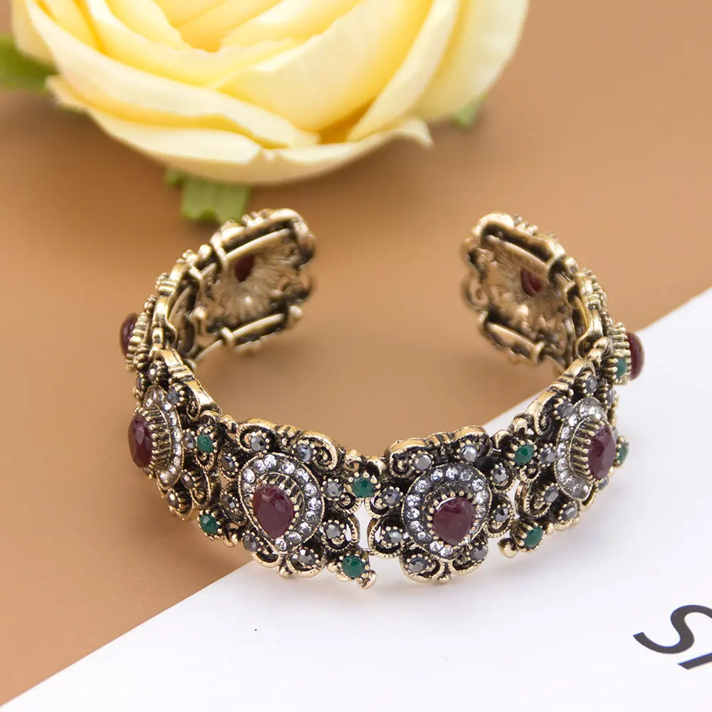 Retro Vintage Turkish Women Bangle Antique Gold Color Indian Ethnic Cuff Bracelet Arabic Traditional Bridal Jewelry - view 5
