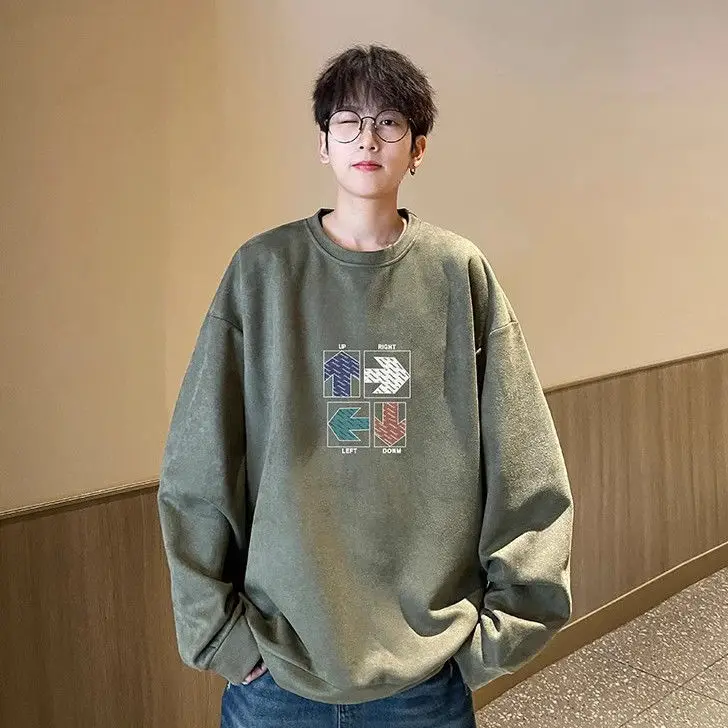 Heavy suede round neck sweatshirt for men in autumn and winter new plus velvet trendy brand large size top American retro hooded
