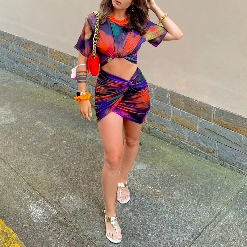 

Street hipster short-sleeved printed painted kink hip skirt two-piece stylish simple luxury temperament elegant high-end resort
