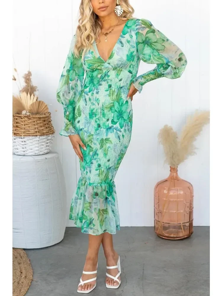 BWQ ボヘミアン花柄ボディコンドレスヴィンテージ V ネックプリーツランタン長袖弾性ウエストミディフリルヒップラップドレス