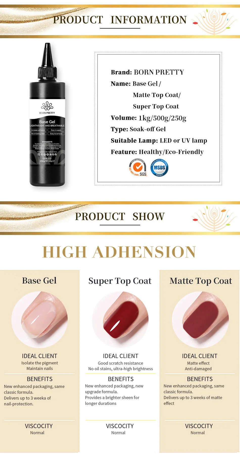 BORN PRETTY 250g Base and Super Top Coat Not Chip Peel Base Gel Glossy Shine Finish Soak off UV LED Drying Long Lasting UV Gel