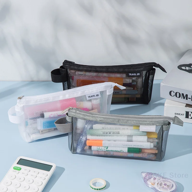 Estojo de lápis de malha transparente kawaii bonito simples bonito saco organizador escritório estudante papelaria material escolar