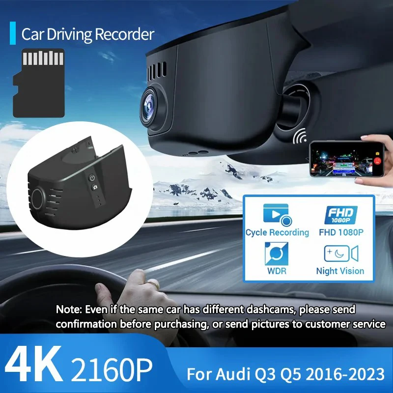 กล้องติดรถยนต์ Wi-Fi 4K 2160P เครื่องบันทึกวีดีโอ DVR ติดง่ายสำหรับรถ Audi Q3 Q5 2016 ~ 2023 2022แผงหน้าปัดกล้อง2021การมองเห็นได้ในเวลากลางคืน