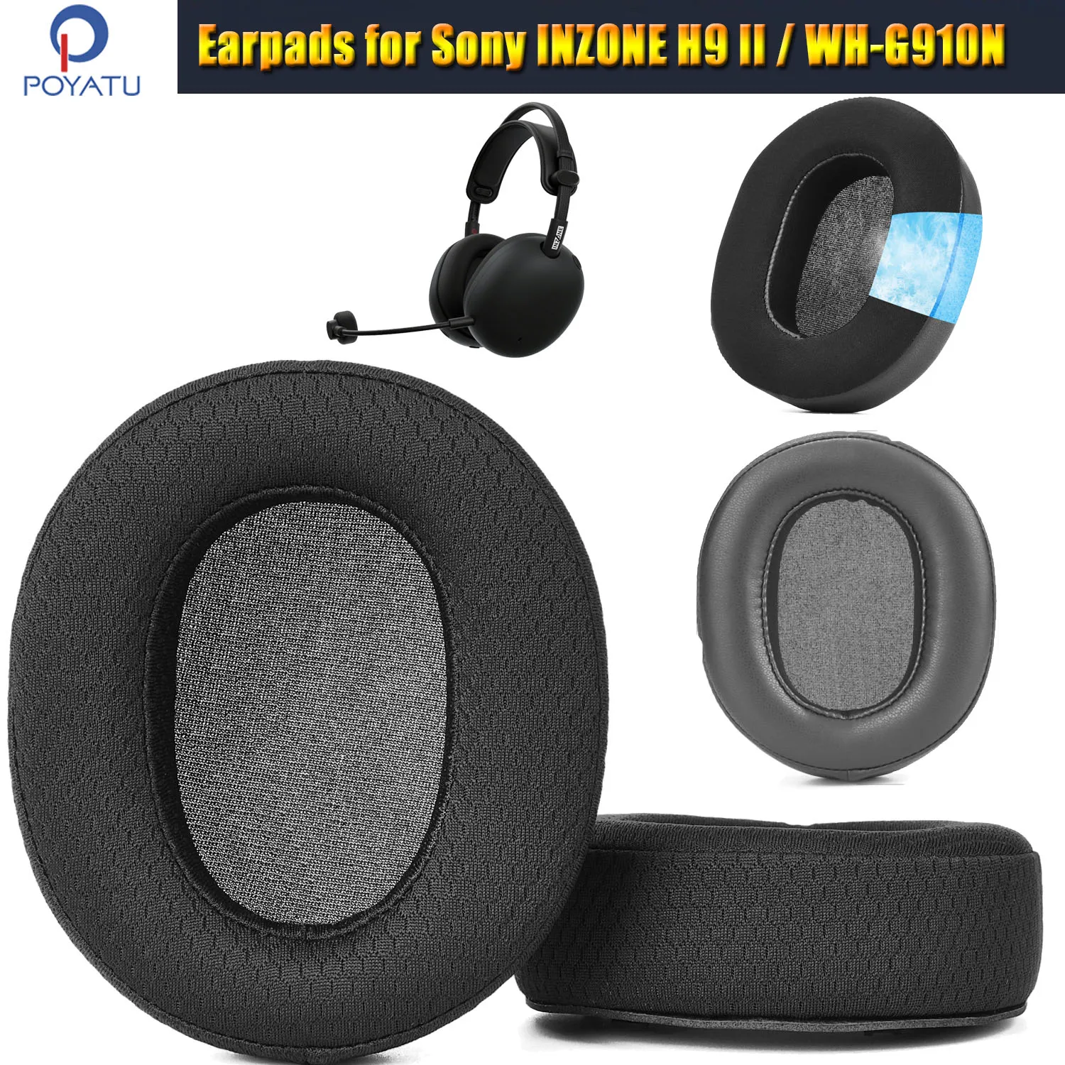 WHG910N/B Ohrpolster für Sony INZONE H9 II WH-G910N Headset Ersatz-Ohrpolster Kissen Stoff Mesh & Protein & Kühlgel