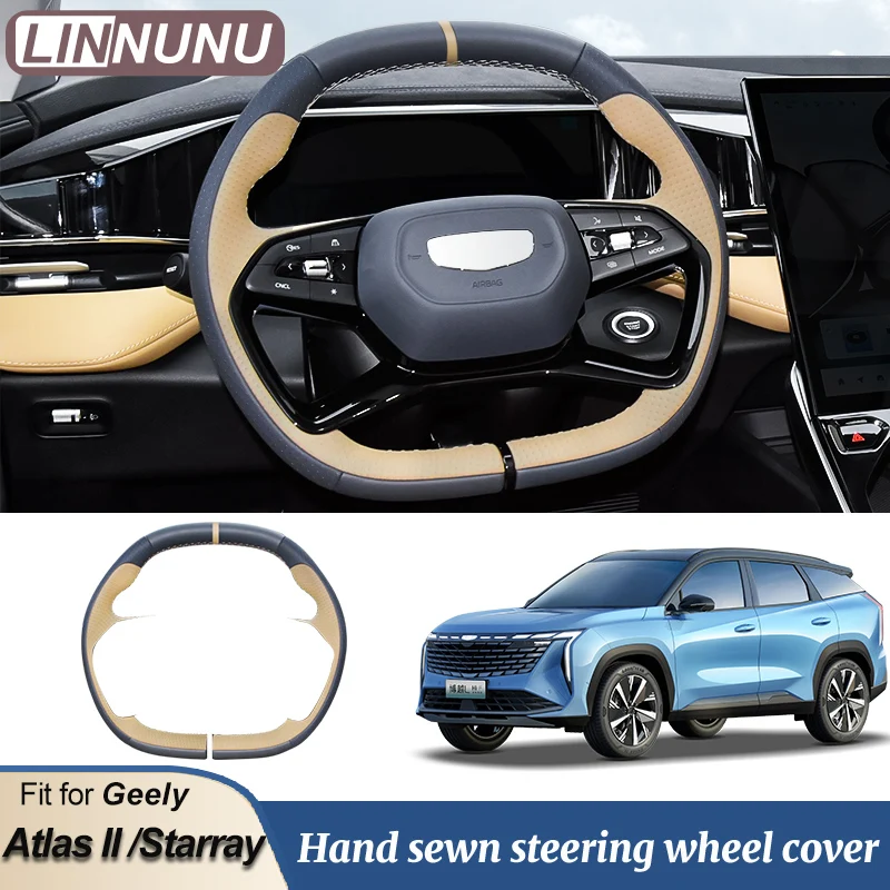 LINNUNU Leather Car Steering Wheel Stitch On Wrap Cover Fit for Geely Boyue L Altas II Accessories DIY Sewing Breathable Starray