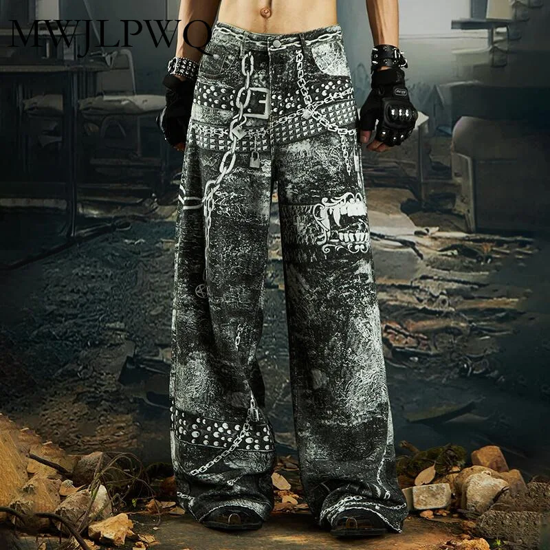 

MWJLPWQ Darkly Punk Chain Rivet Belt с принтом Прямые джинсы High Street Fashion Niched Мужские повседневные свободные брюки 010954