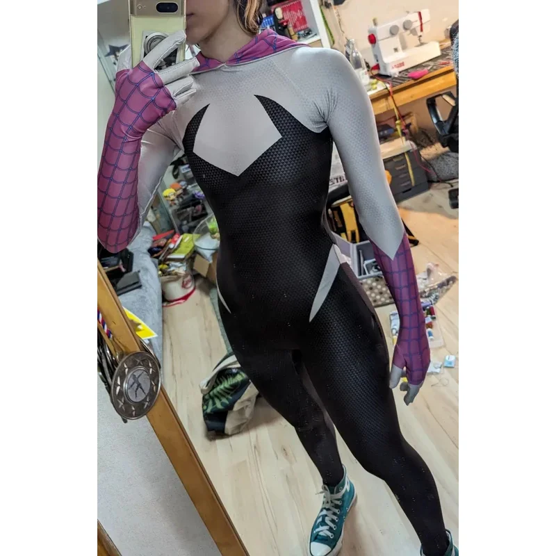 Костюм Человека-паука через стихи паука Гвен Стейси, костюм для косплея с 3D принтом на Хэллоуин, костюм Человека-паука с батарейкой # 1 # В.