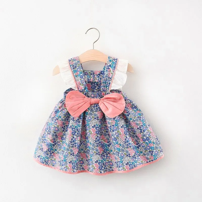 Summer Girl'S Suspender Dress Baby Girl Korean Version Bow Floral Print Lace Small Flying Sleeve Princess Dress