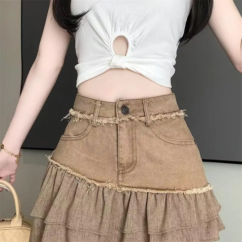 New Fashion Women's Irregular Fake Two-piece A-line Mini Denim Skirts 2025 Autumn Trendy High Waist Skirt Female